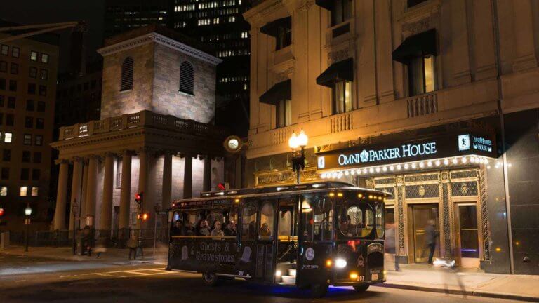 boston ghost tour trolley in front of omni parker house