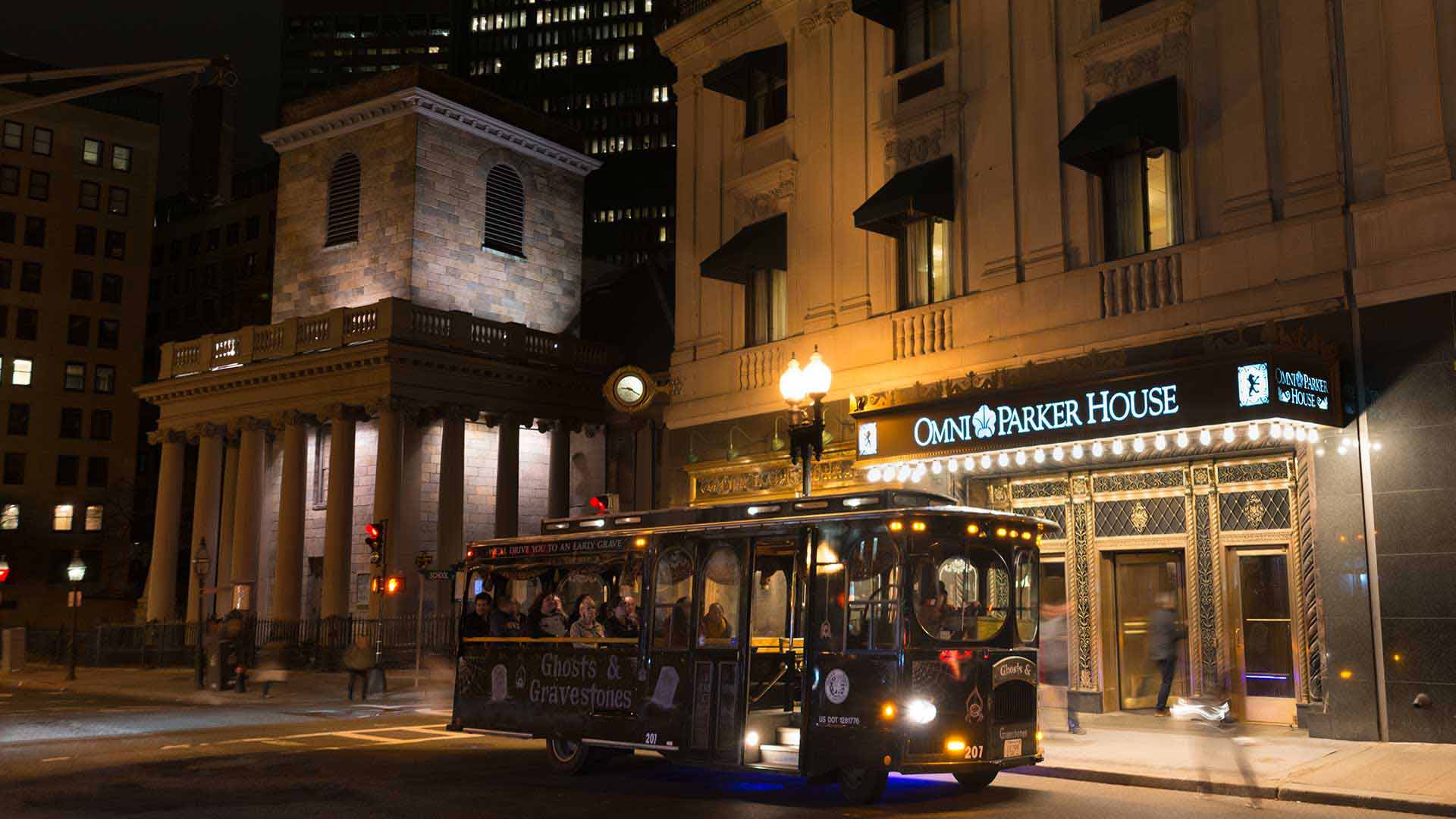 boston ghost tour trolley in front of omni parker house