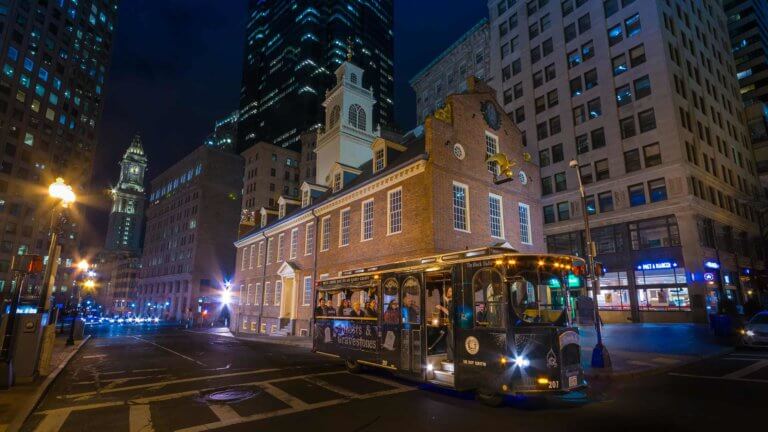 old state house boston at night with ghost trolley tour