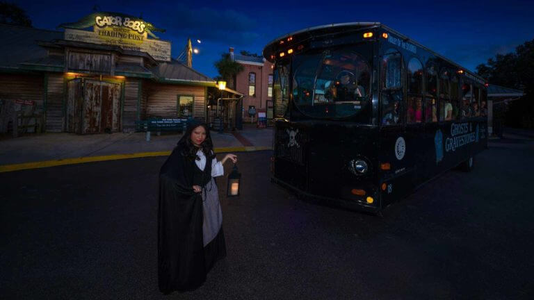 ghost tour trolley with tour guide