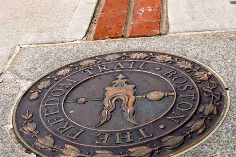 The commemorative seal that designates the Freedom Trail in Boston