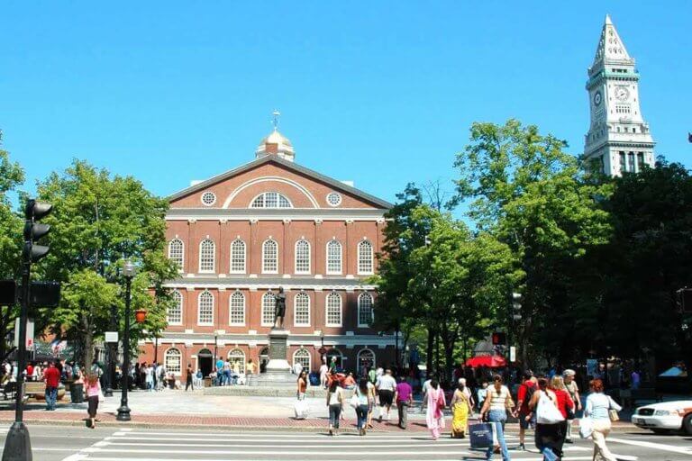 A Ghosts & Gravestones branded page from Boston that shows the exterior of Boston's Faneuil Hall