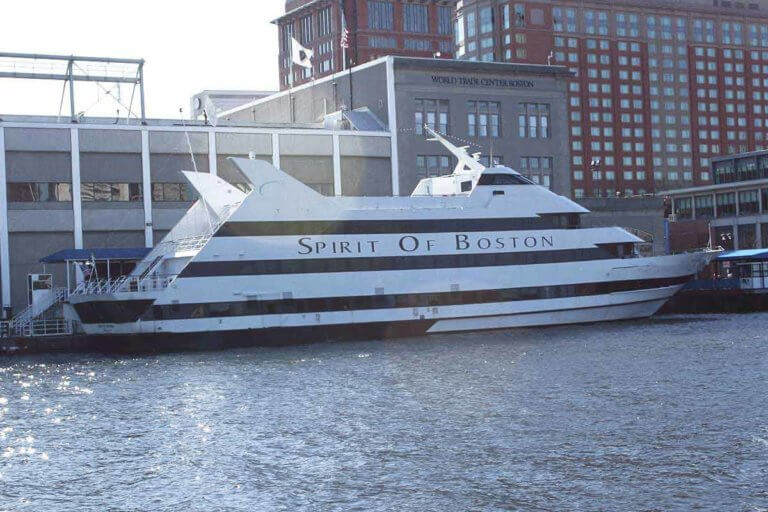 A docked passenger ship called the Spirit of Boston in the Seaport District