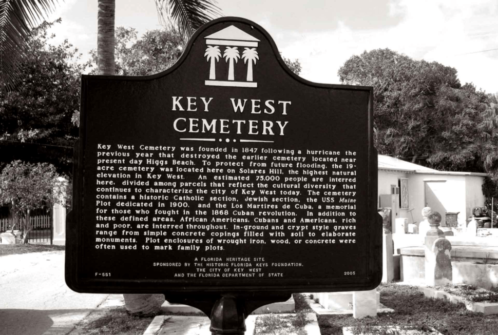 key west cemetery sign black and white