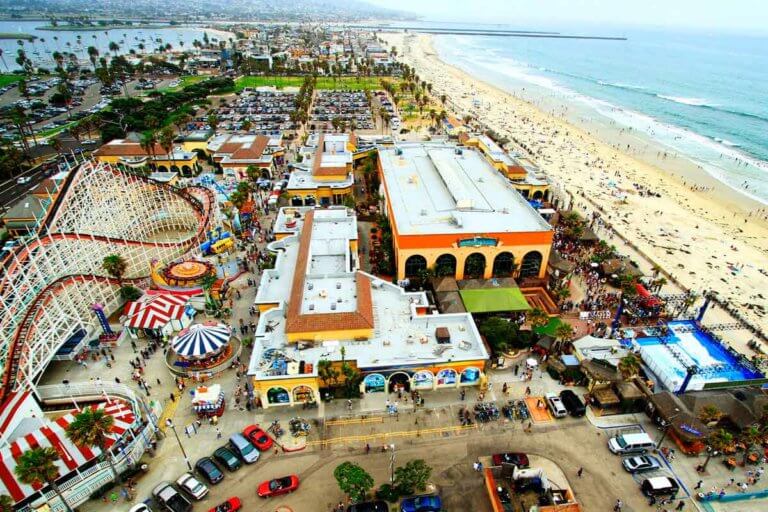 Belmont Park rollercoaster and attractions aerial view