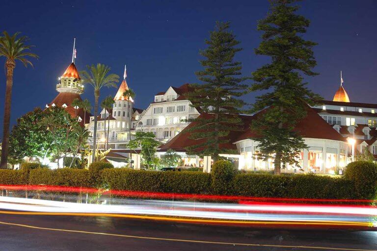 street view of hotel del coronado at night in san diego