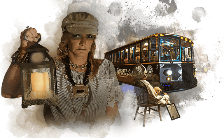 collage composed of a Key West ghost host lady holding a lantern, Robert the Doll and Ghost Tour trolley.