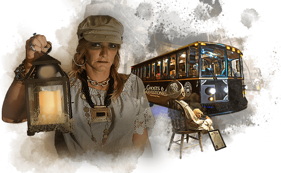 collage composed of a Key West ghost host lady holding a lantern, Robert the Doll and Ghost Tour trolley.