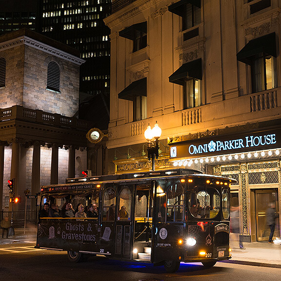 Boston ghosts trolley in front of omni parker house