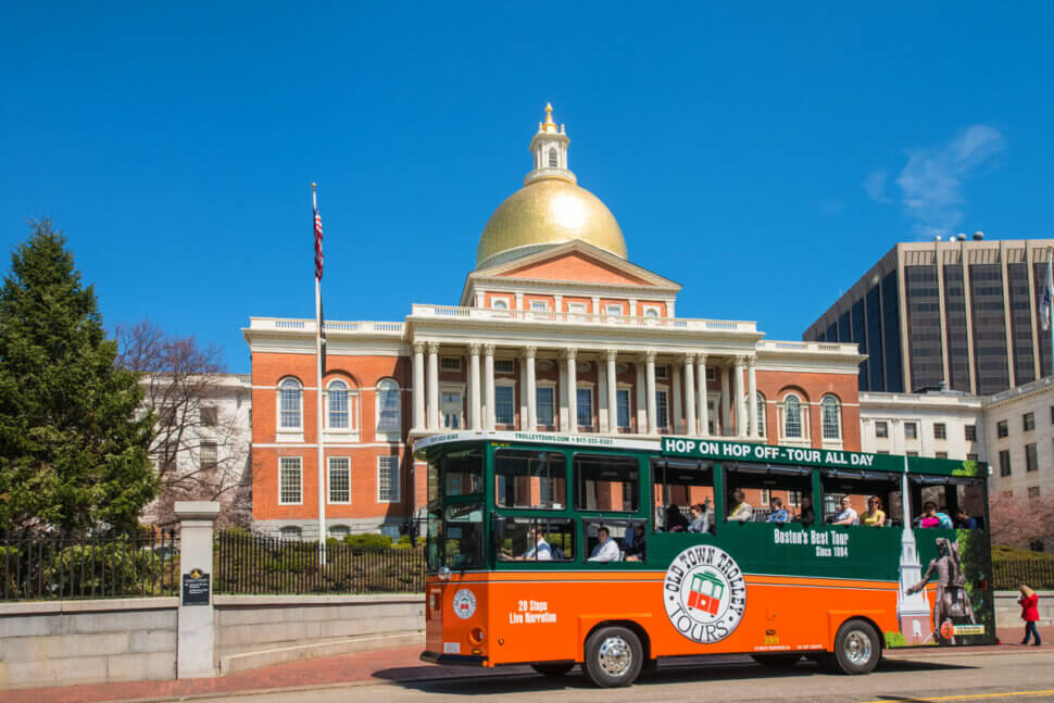 Boston trolley in front of state house