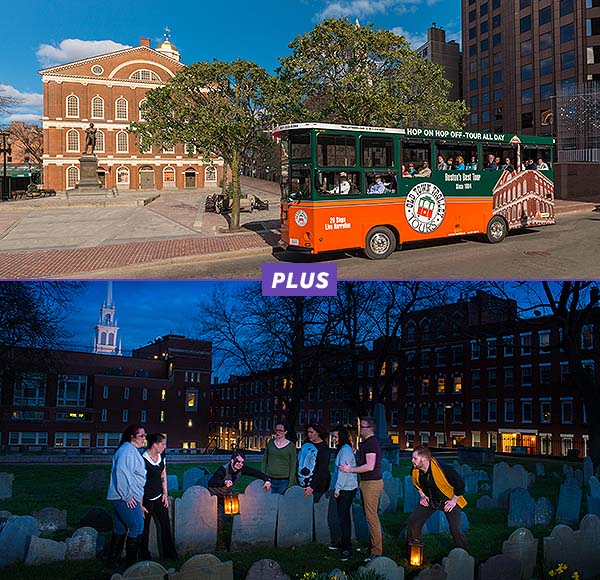 Boston trolley in front of Faneuil Hall and Boston Ghosts & Gravestones tour