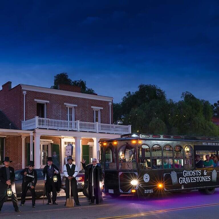 San Diego ghost tour hosts in front of Whaley House