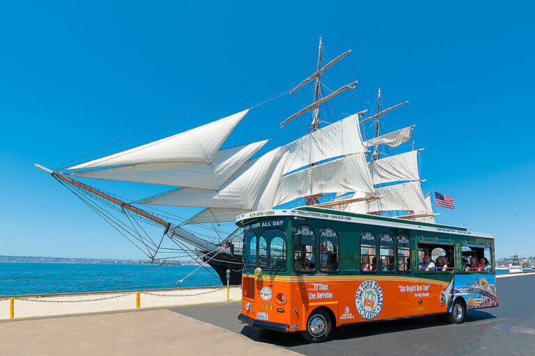 San Diego trolley and Star of India tall ship