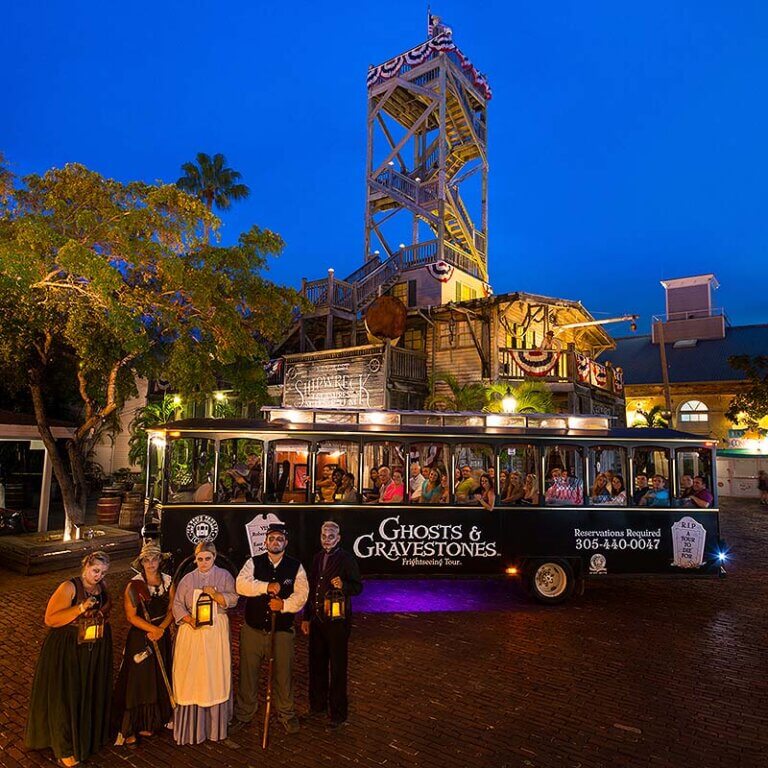 Key West Ghosts & Gravestones trolley in front of Shipwreck Treasure Museum