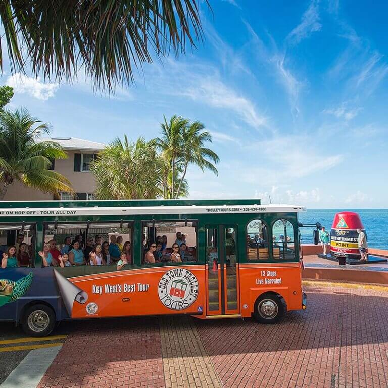 Key West trolley driving past southernmost point