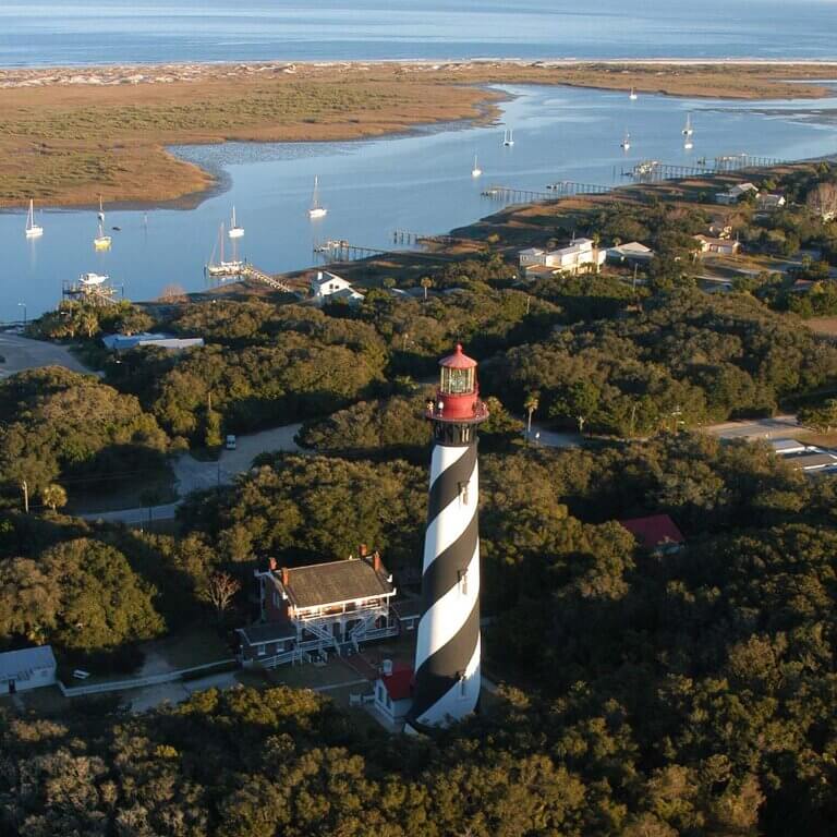 Aerial view of St. Augustine Lighthouse and surrounding area.