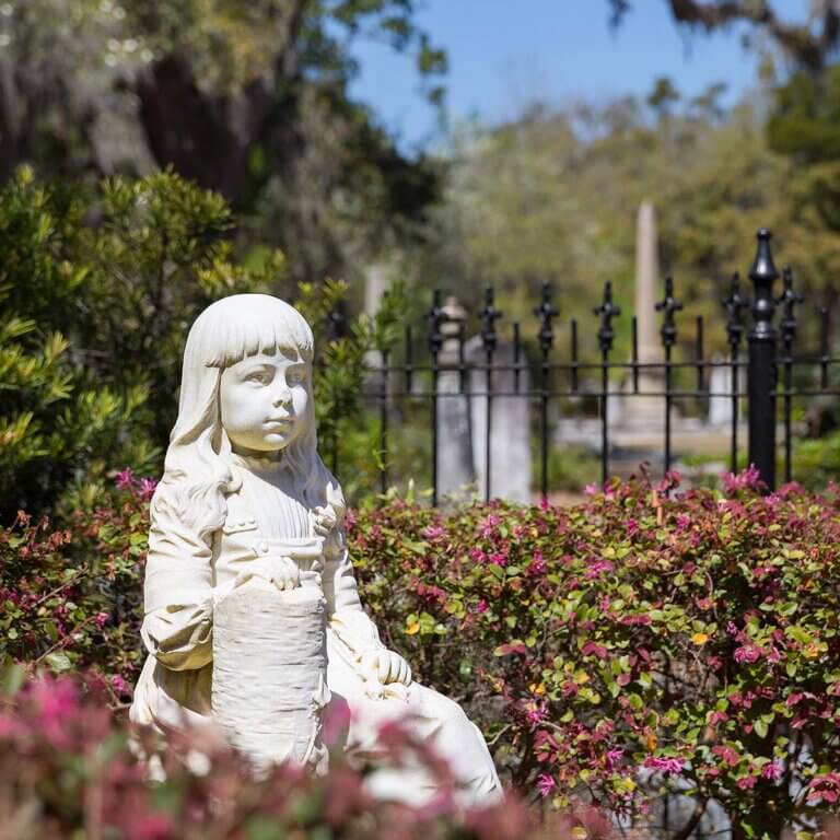 serene view of Bonaventure Cemetery, featuring lush greenery