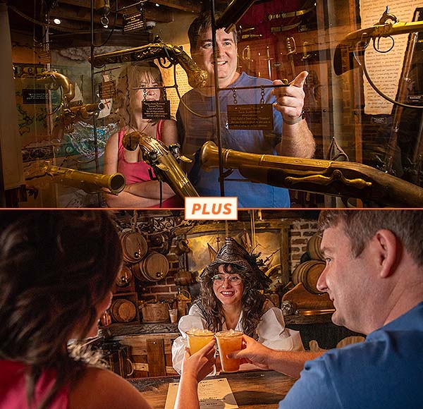 guests viewing artifacts and enjoying a drink at Savannah Pirates and Treasure Museum