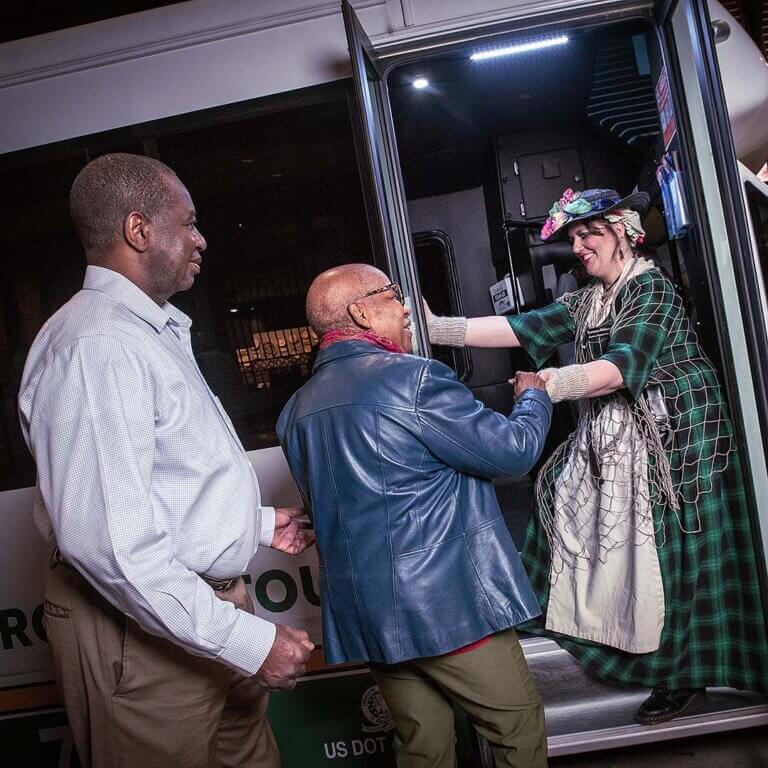 Charleston Ghosts & Gravestones host welcoming guests inside the vehicle