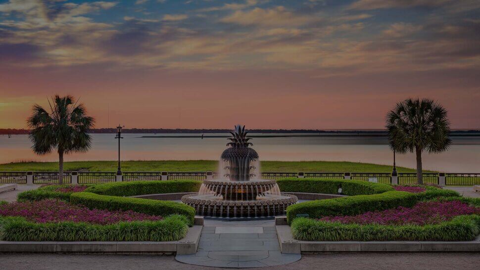The famous Pineapple Fountain in Waterfront Park at sunset